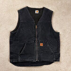 CARHARTT Sherpa Lined Black Vest V26 Canvas Large Tall Faded Black Vintage